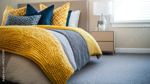 Modern bedroom decor featuring a bed with yellow and blue pillows, a soft grey carpet, and a side table lamp, with natural light enhancing the roomaes warmth photo