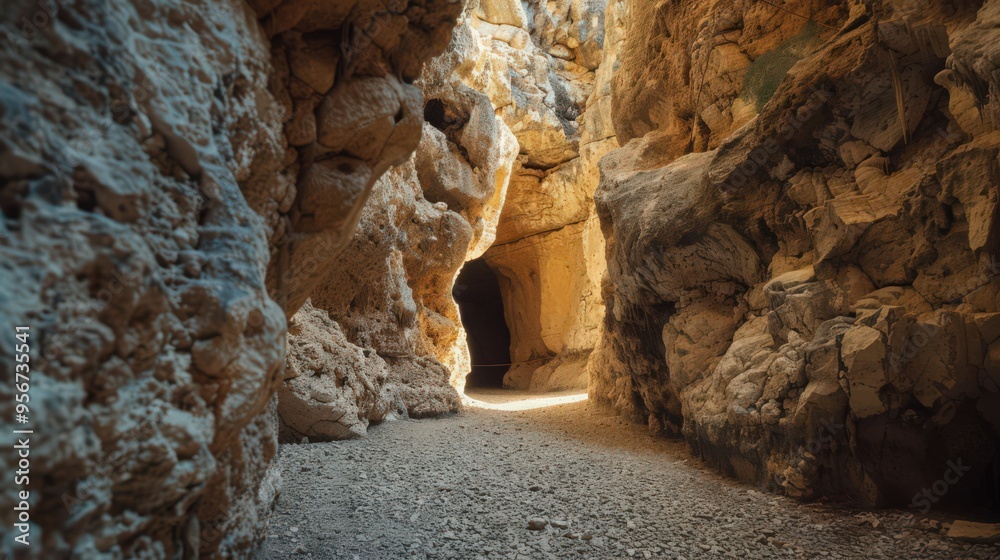 A narrow cave entrance leads into a spacious cavern, with the walls showcasing fascinating geological formations A narrow cave entrance leads into a spacious cavern, with the walls showcasing fascinating geological formations