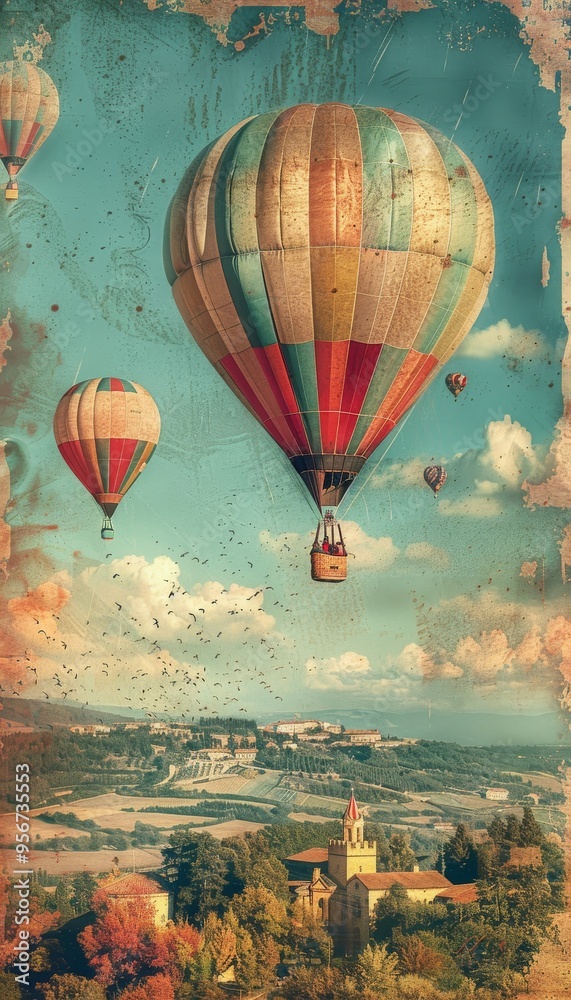 Fototapeta premium Vintage Hot Air Balloon Over Italian Countryside With Church