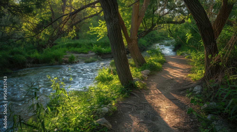 Naklejka premium riverbank, with the gentle sound of flowing water and the presence of lush riparian vegetation providing a soothing backdrop