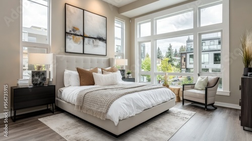 Modern bedroom with sleek furniture, neutral bedding, and large windows, showcasing a comfortable and inviting space for real estate photography