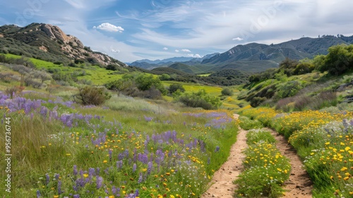 A nature trail through a picturesque valley, with rolling hills, blooming wildflowers, and a meandering stream adding to the scenic beauty.