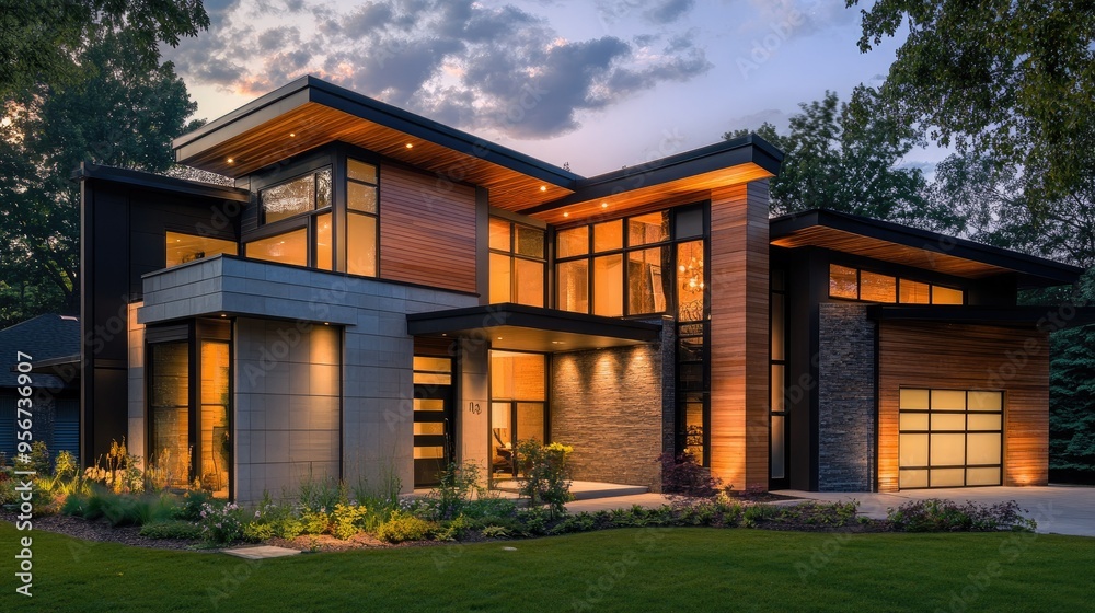 Modern home exterior with a unique architectural design, featuring a combination of wood, metal, and glass materials for a sleek, contemporary look Modern home exterior with a unique architectural design, featuring a combination of wood, metal, and glass materials for a sleek, contemporary look