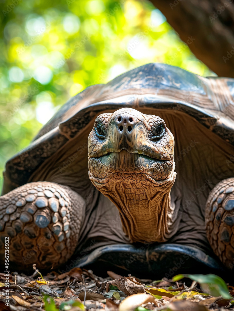 Fototapeta premium A large tortoise is laying on the ground in a forest