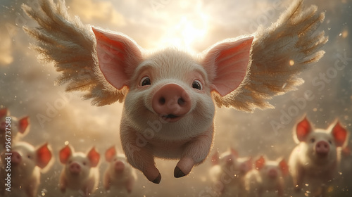 3d rendering of a cute little pig with wings in the sky photo