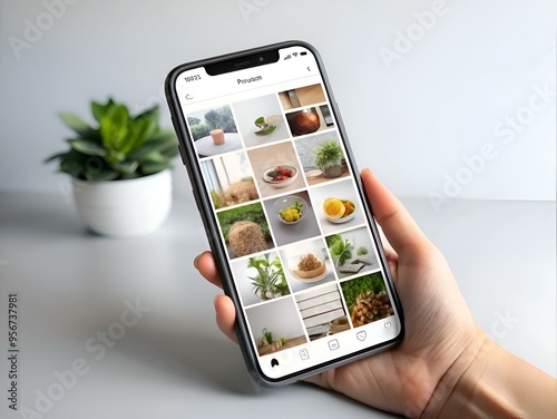 A hand holds a smartphone displaying a social media app with a grid of images. showcasing diverse content like food. nature. and home decor. photo