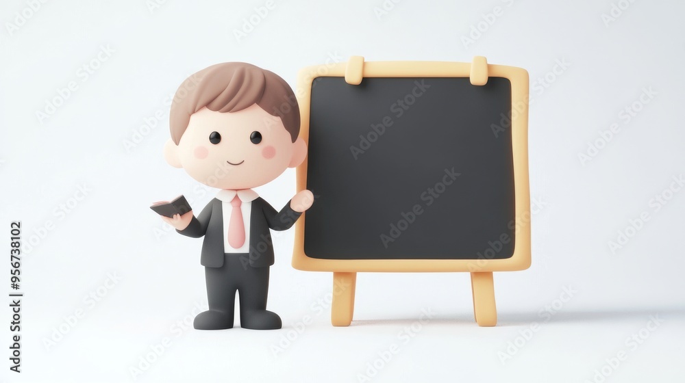 3D Cartoon Businessman Presenting on a Blackboard. 3D Cartoon Businessman Presenting on a Blackboard.