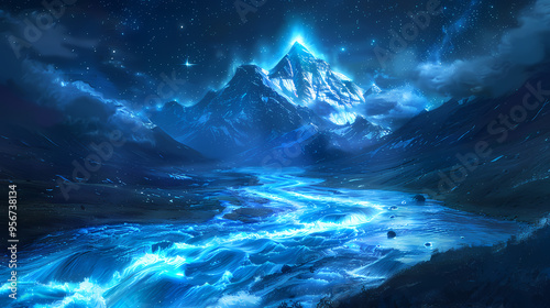 A stunning blue winding river with an electric current flowing through it leads to a snow-capped mountain with a star just above it.