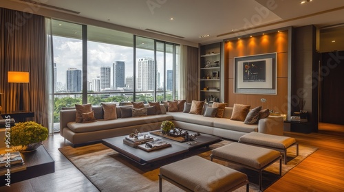 Modern living room in a Bangkok residence with stylish furniture and decor, photographed before being listed in the real estate market, April 27, 2015