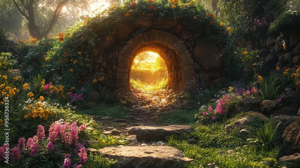 radiant scene of empty tomb with stone rolled away ethereal light emanating from within lush garden surroundings focus on hope and resurrection symbolism radiant scene of empty tomb with stone rolled away ethereal light emanating from within lush garden surroundings focus on hope and resurrection symbolism