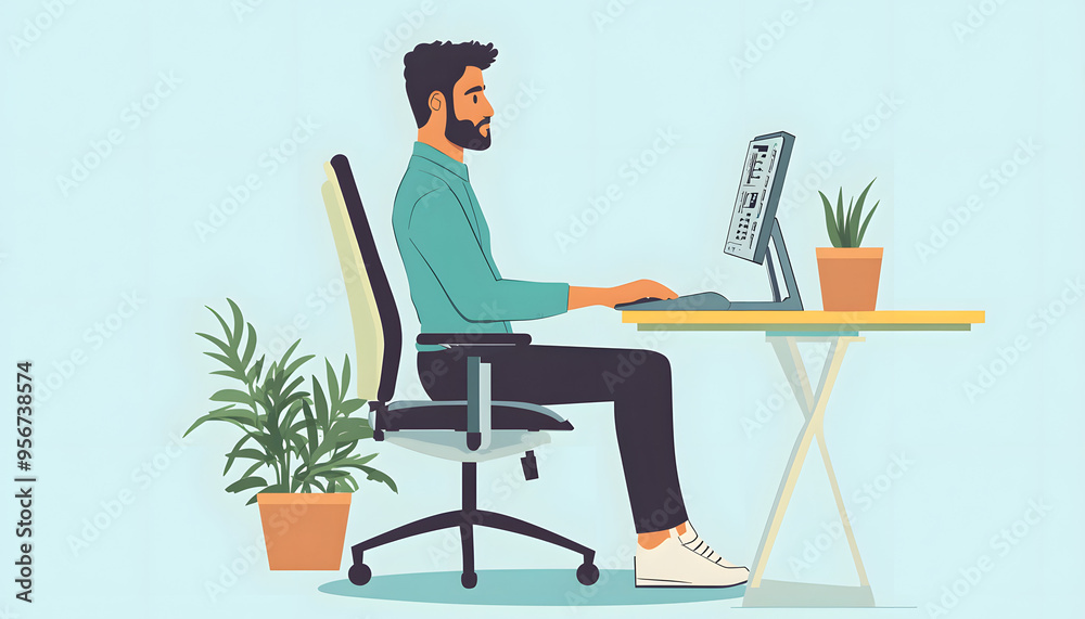 “Illustration of a Man Sitting at a Desk with a Computer, Ideal for Work-from-Home and Productivity Concepts”
