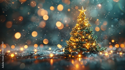 Festive christmas holiday banner featuring a radiantly lit tree and enchanting bokeh background