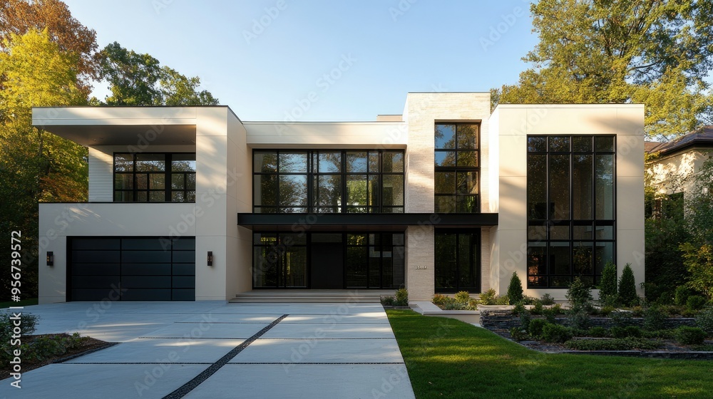 Modern two-story house with a cream exterior, black glass windows, and a spacious driveway, perfect for capturing the essence of contemporary home design Modern two-story house with a cream exterior, black glass windows, and a spacious driveway, perfect for capturing the essence of contemporary home design