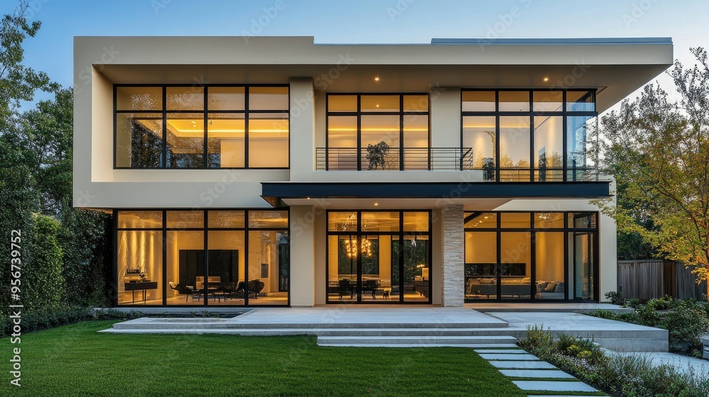 Modern two-story house with a cream exterior and large black glass windows, featuring a clean and elegant design that stands out in a suburban neighborhood Modern two-story house with a cream exterior and large black glass windows, featuring a clean and elegant design that stands out in a suburban neighborhood
