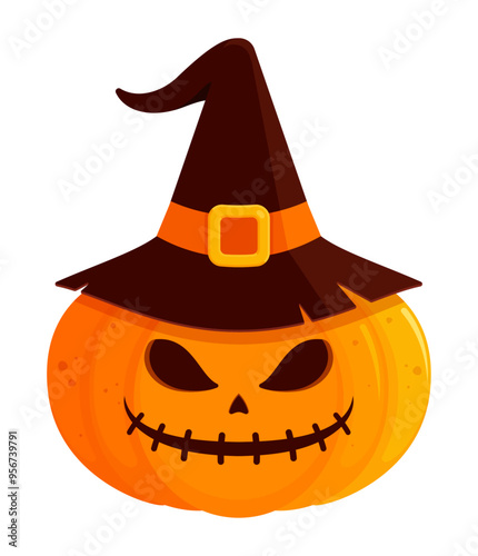 Jack-o'-lantern pumpkin with mischievous carved face wearing a witch's hat, unlit. Flat vector illustration isolated on white background. Halloween decoration concept. Perfect for spooky designs