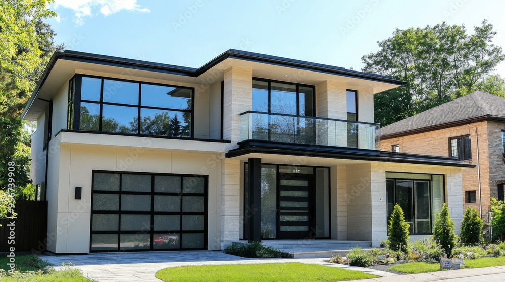 Modern two-story house with a cream exterior and large black glass windows, featuring a clean and elegant design that stands out in a suburban neighborhood Modern two-story house with a cream exterior and large black glass windows, featuring a clean and elegant design that stands out in a suburban neighborhood
