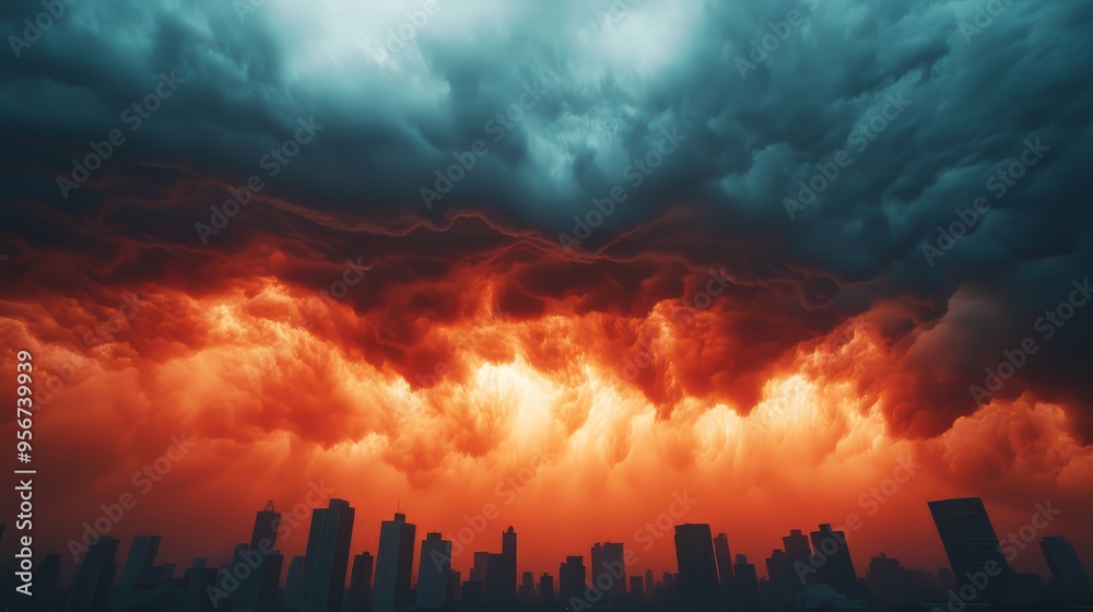 Dramatic skyline with dark clouds and vibrant orange light, capturing the essence of a stormy evening in an urban setting. Dramatic skyline with dark clouds and vibrant orange light, capturing the essence of a stormy evening in an urban setting.