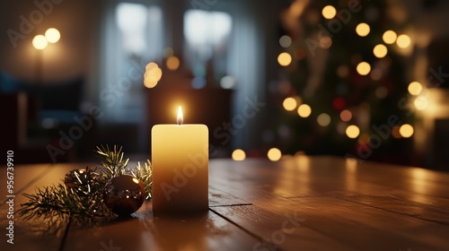 a serene depiction of a candlelit scene on a quiet Christmas Eve. The focal point should be a glowing white candle, symbolizing the birth of Jesus photo