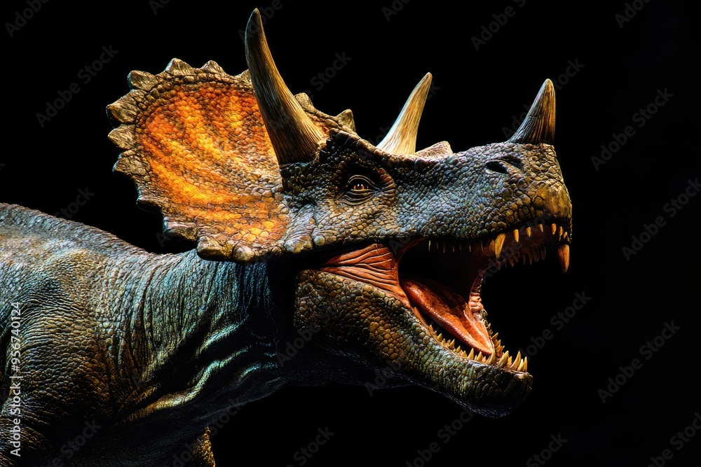 Obraz premium Close-up of a Dinosaur with Open Mouth and Horns
