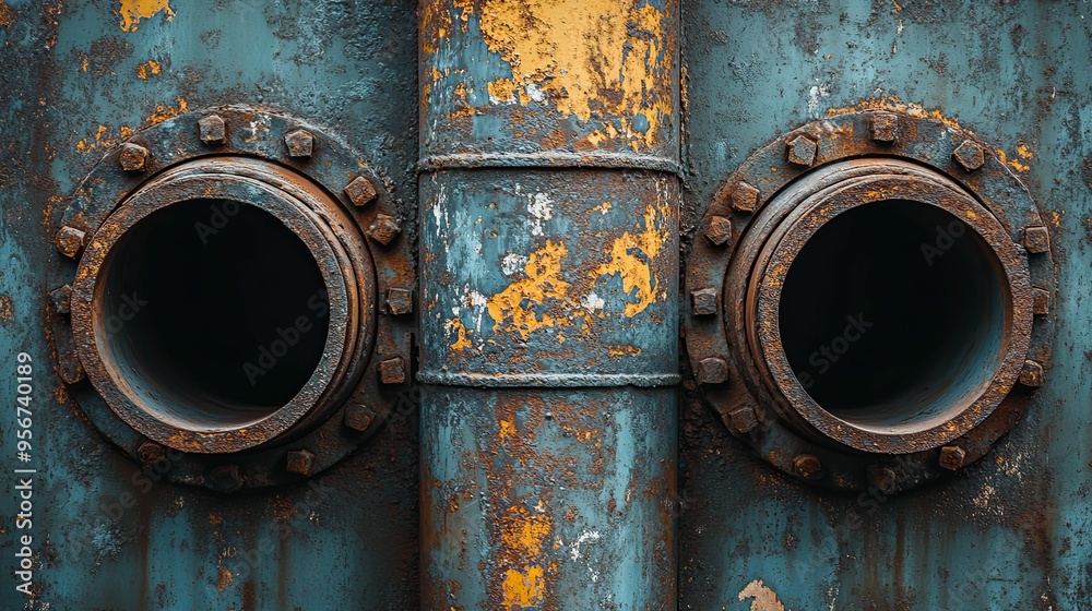Rusted Metal Panel with Two Circular Openings Rusted Metal Panel with Two Circular Openings