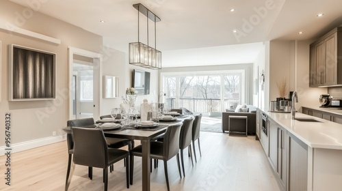 Open-plan kitchen and dining area in a modern home with stylish furnishings, neutral tones, and ambient lighting, ready for real estate photography