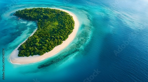 An expansive aerial shot of a crescent-shaped island surrounded by turquoise waters, with a long, white sandy beach stretching along the shoreline.