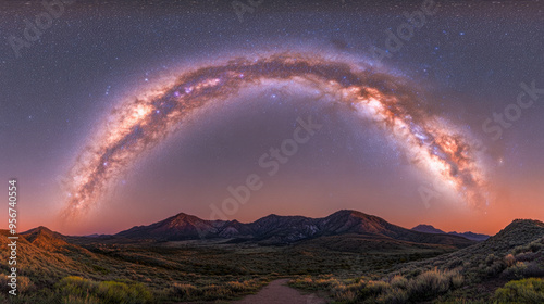 A panoramic image captures the Milky Way arching over rugged mountains under a starlit sky at dusk, creating a breathtaking view.