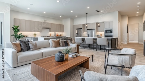 Sleek and modern living room interior with an open floor plan, featuring stylish furniture and a neutral color palette, ready for real estate listings