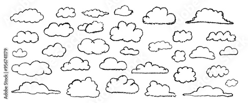 Set of crayon abstract clouds. Hand drawn cartoon overcast sky. Vector illustration of collection of black eddy on white background. Imitation of children drawing with pencils contour design element.