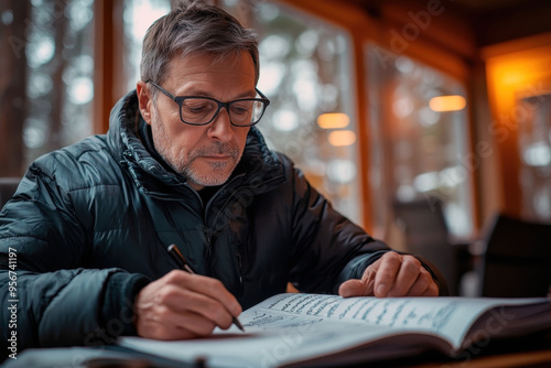 Mature man recording diabetes information in personal journal photo