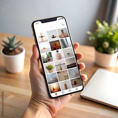 A hand holds a smartphone displaying a grid of Instagram photos.