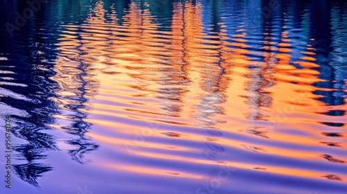 A vivid sunset reflecting on water with mesmerizing ripples, creating a colorful and serene display of nature's beauty.