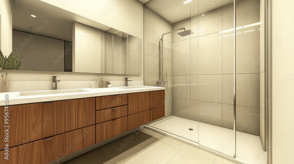 Sleek modern bathroom featuring a frameless mirror, a floating vanity with white countertops, and a walk-in shower with a rain head Sleek modern bathroom featuring a frameless mirror, a floating vanity with white countertops, and a walk-in shower with a rain head