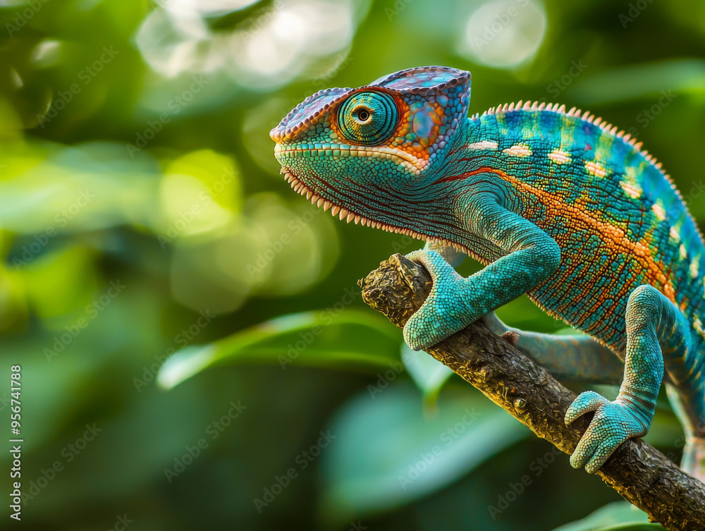 Fototapeta premium A colorful chameleon is perched on a branch