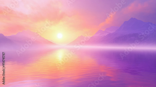 Scenic landscape of a mountain lake at sunrise with pastel colors, capturing the beauty and tranquility of nature.