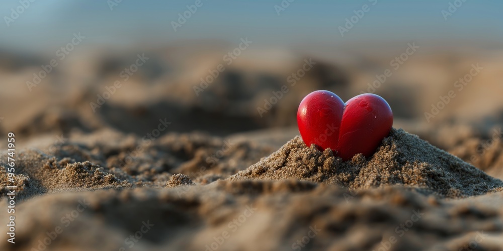 Image of two red heart-shaped objects buried in sandy beach, symbolizing love, romance, and deep emotions, evoking feelings of warmth and affection in a sunny setting. Image of two red heart-shaped objects buried in sandy beach, symbolizing love, romance, and deep emotions, evoking feelings of warmth and affection in a sunny setting.