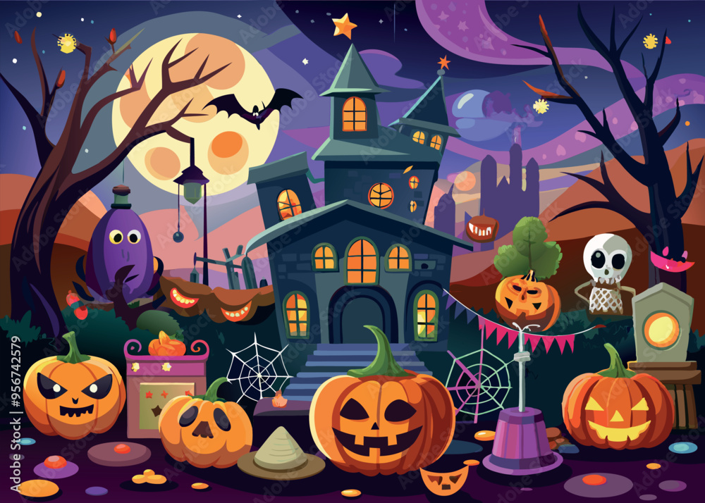 A Halloween scene with a castle, a witch, and bats. Scene is spooky and eerie A Halloween scene with a castle, a witch, and bats. Scene is spooky and eerie