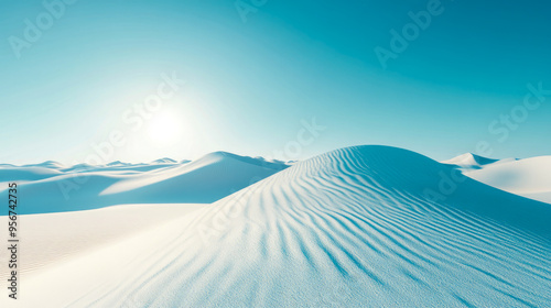 A tranquil desert with snow-like sand dunes and a bright sunrise creating a serene and captivating scene. photo