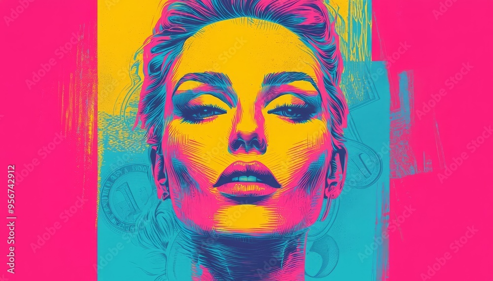 A vibrant pop art portrait showcasing a striking model with bold colors and a captivating expression, ideal for modern art projects. A vibrant pop art portrait showcasing a striking model with bold colors and a captivating expression, ideal for modern art projects.
