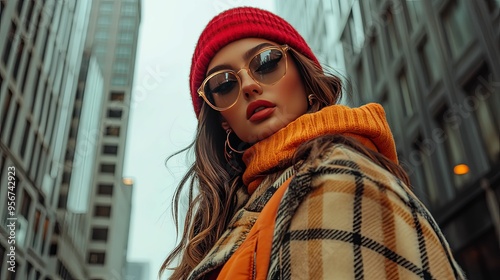 A Woman in a Red Beanie, Sunglasses, and Plaid Jacket Stands in an Urban Setting.