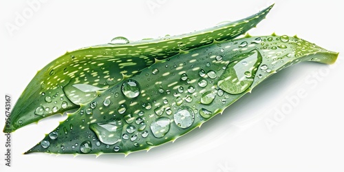 aloe vera two leaves with water drops on leaves, isolated white background, surrealistic image