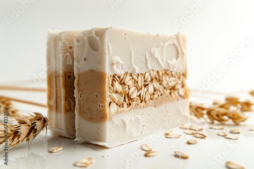 Handmade Oat Soapbar with Watercolor Illustration on White Background photo