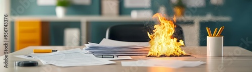 A desk scene featuring papers and an unexpected fire, symbolizing chaos in the workplace and challenges in document management. photo