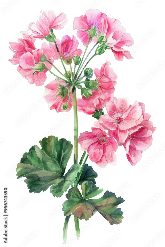 Obraz premium Hand-Painted Illustration of Pelargonium x Asperum Blossom in Pink, Ideal for Aromatherapy and Natural Fragrance Lovers