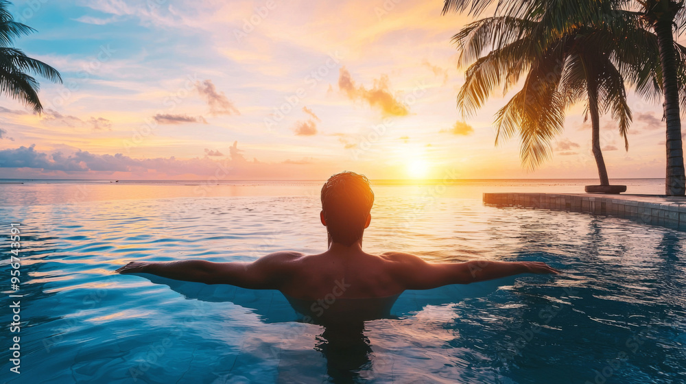 A man is swimming in a pool with the sun setting in the background. The man is wearing a swimsuit and he is enjoying the moment A man is swimming in a pool with the sun setting in the background. The man is wearing a swimsuit and he is enjoying the moment