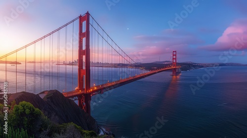 A panoramic view of the Golden Gate Bridge at sunrise, with the first light of day illuminating the iconic structure and the bay