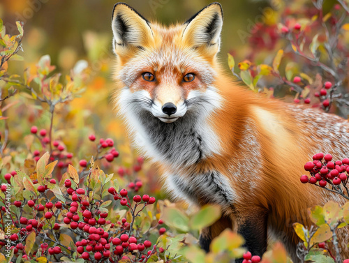 A fox is standing in a field of red berries. The fox is looking at the camera with a smile on its face. Concept of happiness and contentment, as the fox appears to be enjoying its surroundings