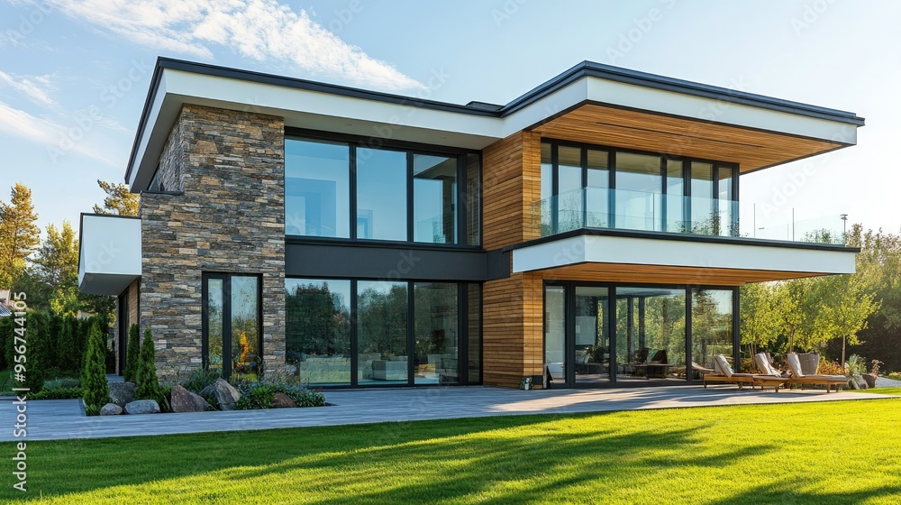 Stylish modern home with a flat roof, large glass windows, and a mix of natural stone and wood cladding, set in a quiet suburban neighborhood Stylish modern home with a flat roof, large glass windows, and a mix of natural stone and wood cladding, set in a quiet suburban neighborhood