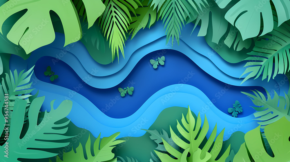 Fototapeta premium real sky blue River in Shape intestines in Green Jungle Forest top view in paper cut style
