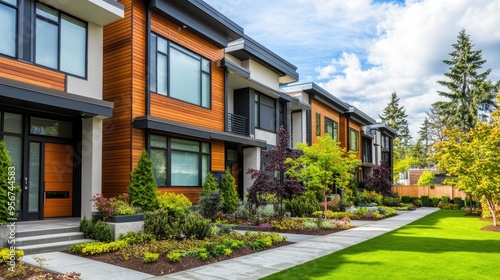 Stylish townhouse in a suburban neighborhood with a modern design, including a small front garden, large windows, and a chic, clean exterior